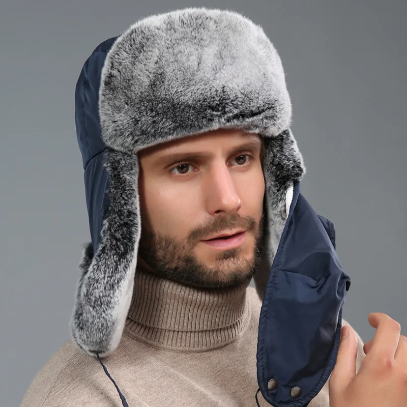 

Rex Rabbit Fur Lei Feng Hat For Men And Women Winter Northeast Warm Ear Protection Caps Face Cold Wind Riding Genuine Fur Hat