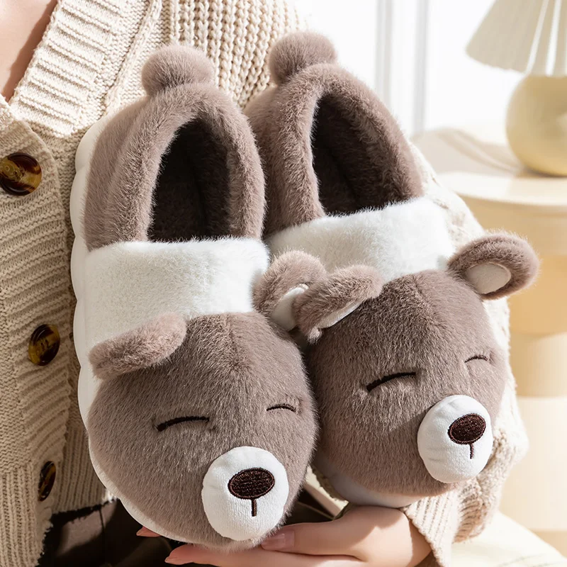 Niedliche Bären-Winter-Hausschuhe, warm, für Damen und Herren, mit dicker Sohle, weichem Plüschfutter, rutschfest, für drinnen und draußen, lässige Hausschuhe. – Detail 14