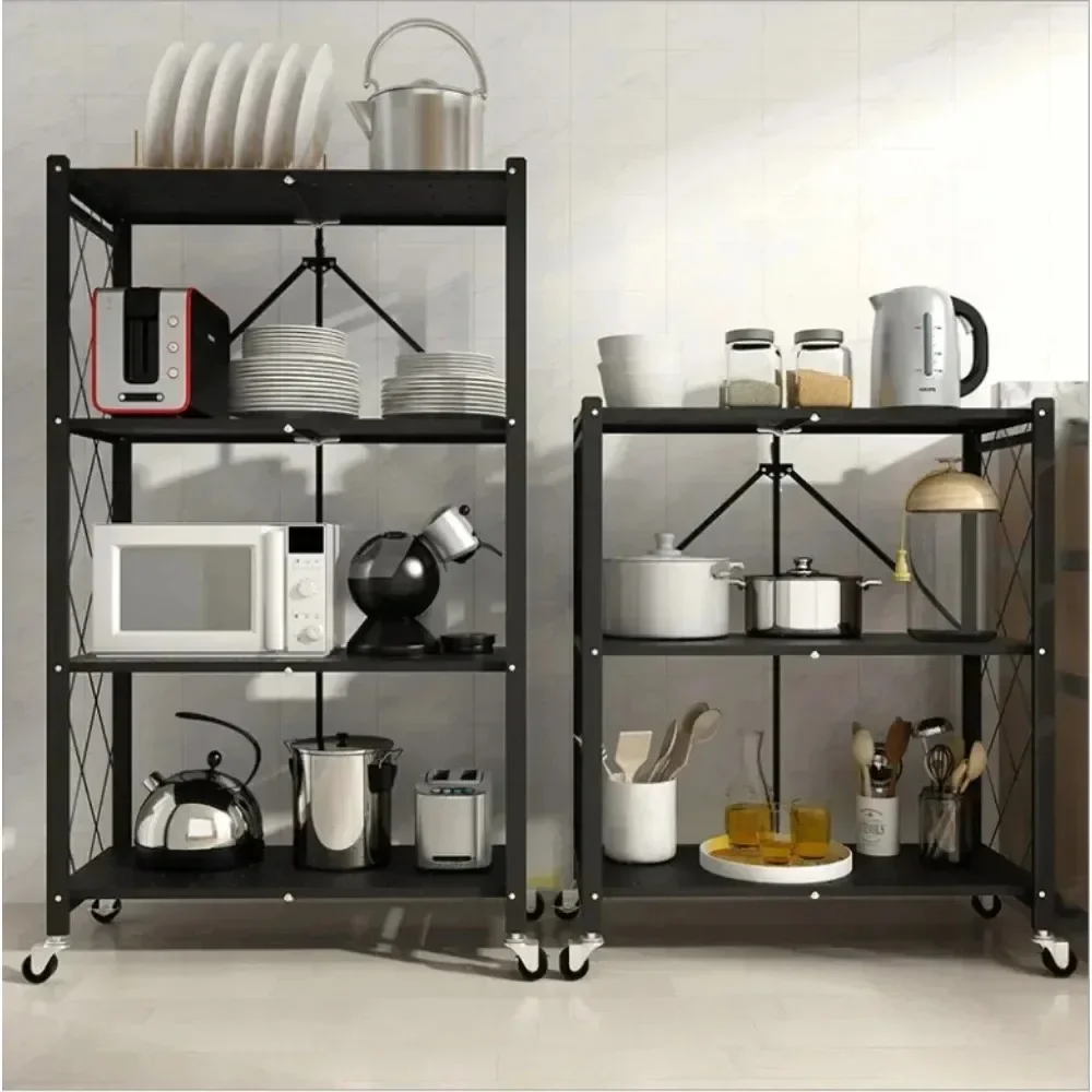 Super Strong Load-bearing Kitchen Storage Rack No Installation Multi-layer Folding Mobile Organize Cart Multi Purpose Shelves