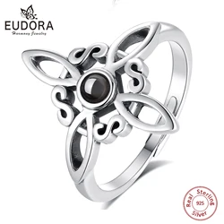 Eudora 925 Sterling Silver Witch Knot Adjustable Ring for Women Man Obsidian Irish Celtic Knot Witchcraft Ring Wicca Jewelry