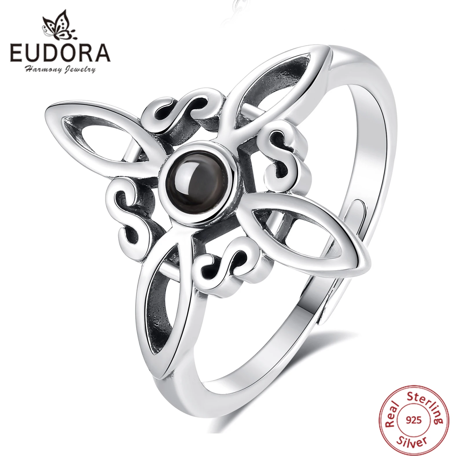 Eudora 925 Sterling Silver Witch Knot Adjustable Ring for Women Man Obsidian Irish Celtic Knot Witchcraft Ring Wicca Jewelry