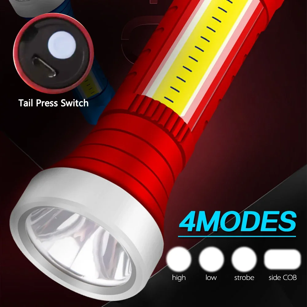 Powerful LED Flashlight Portable 4 Modes USB Rechargeable Flashlights Waterproof Torch with COB Side Light and Built-in Battery