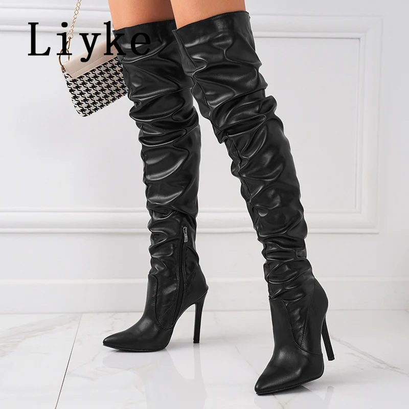 Liyke 2024 New Fashion Design Pleated Leather Over The Knee Boots Women Sexy Pointed Toe Stripper Heels Zip Long Shoes Size 42