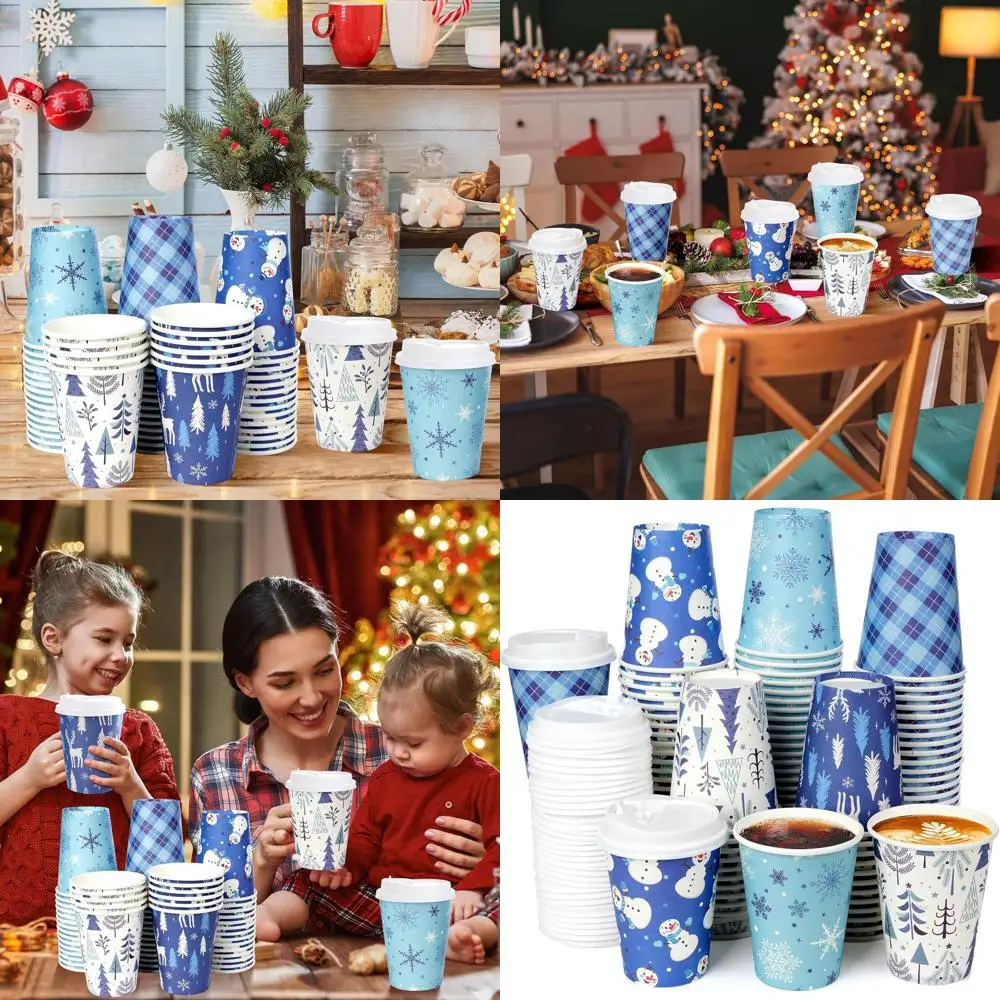 

Массовые синие бумажные стаканчики для зимней рождественской вечеринки, 12 унций с крышками, упаковка 200 штук для рождественских и новогодних торжеств
