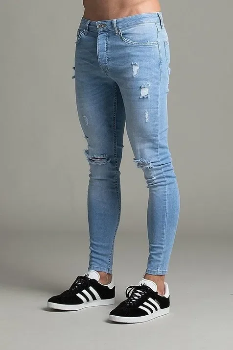 Pencil Pants Men Jeans Ripped Vintage Holes Ankle Length Denim Wash Solid Casual 2025 Pockets Slim Fit Distressed Punk Style