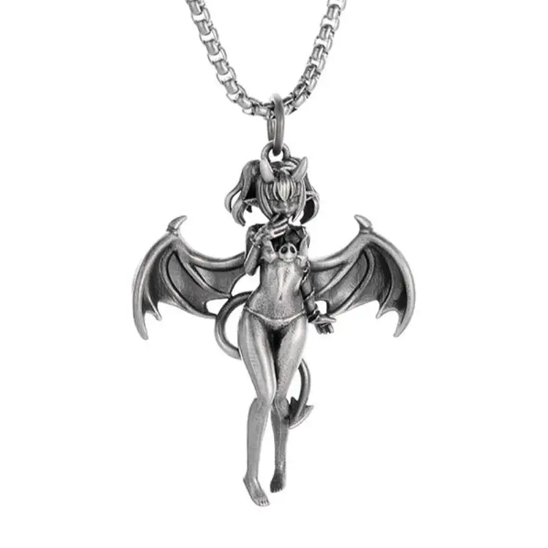 Vintage Engraved Sexy Demon Batgirl Pendant Necklace for Men Fashion Cosplay Anime Style Jewelry Gift