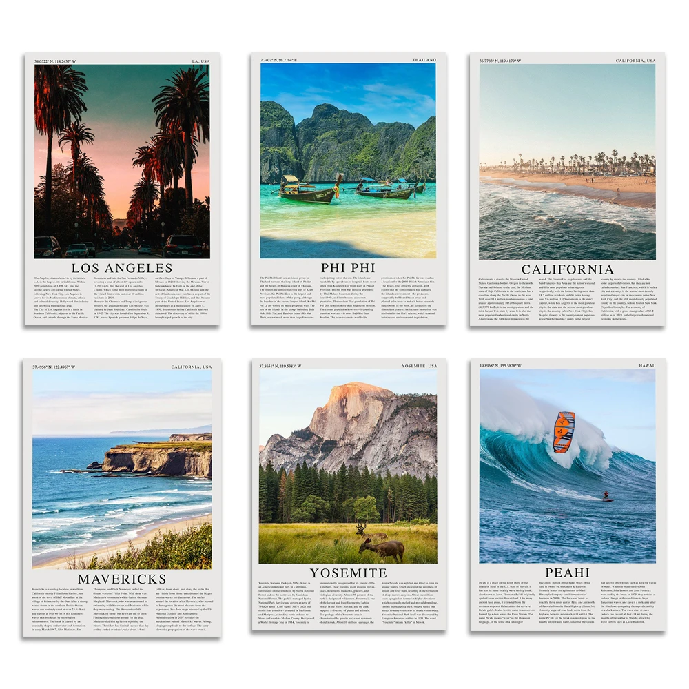 Travel posters for Thailand, Tulum Mayan pyramids, Mexico, USA, New York, California, Philadelphia, Yosemite, Hawaii surfing