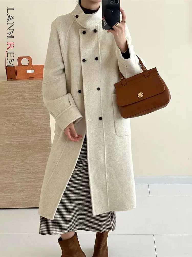 

LANMREM Wool Double-sided Cashmere Coat Women's Stand Collar Solid Color Big Pockets Design Coats 2024 Autumn Winter New 2Z2326