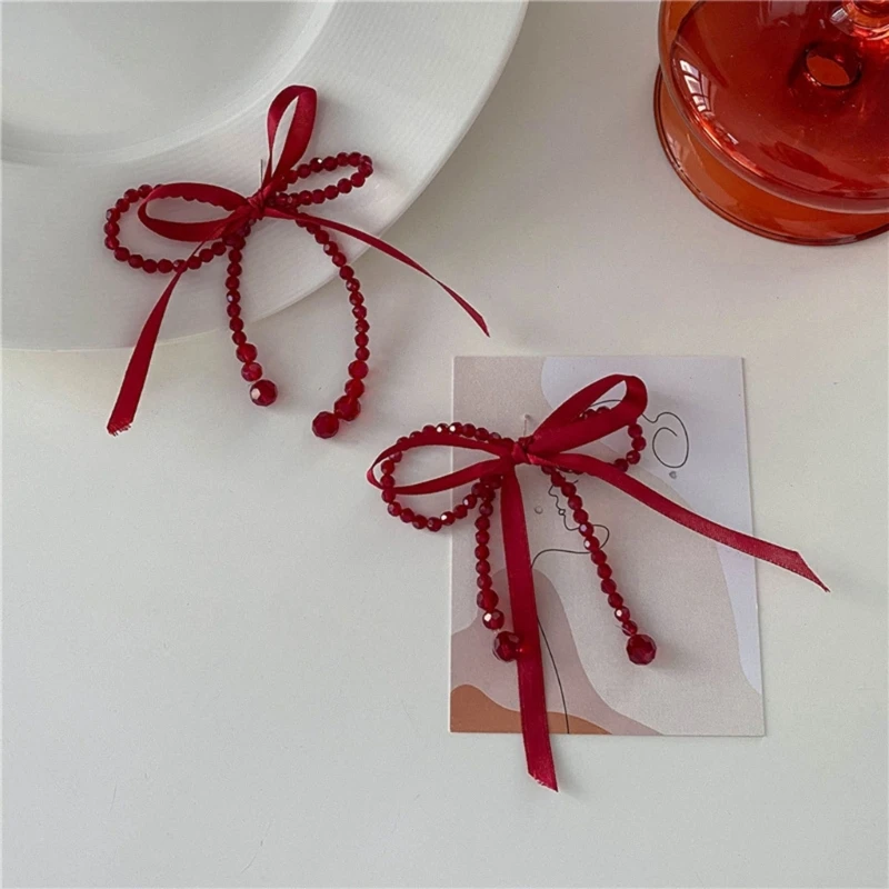 Bowknot Crystal Tassel Long Earrings Lucky Red Earrings Temperament Ear Jewelry