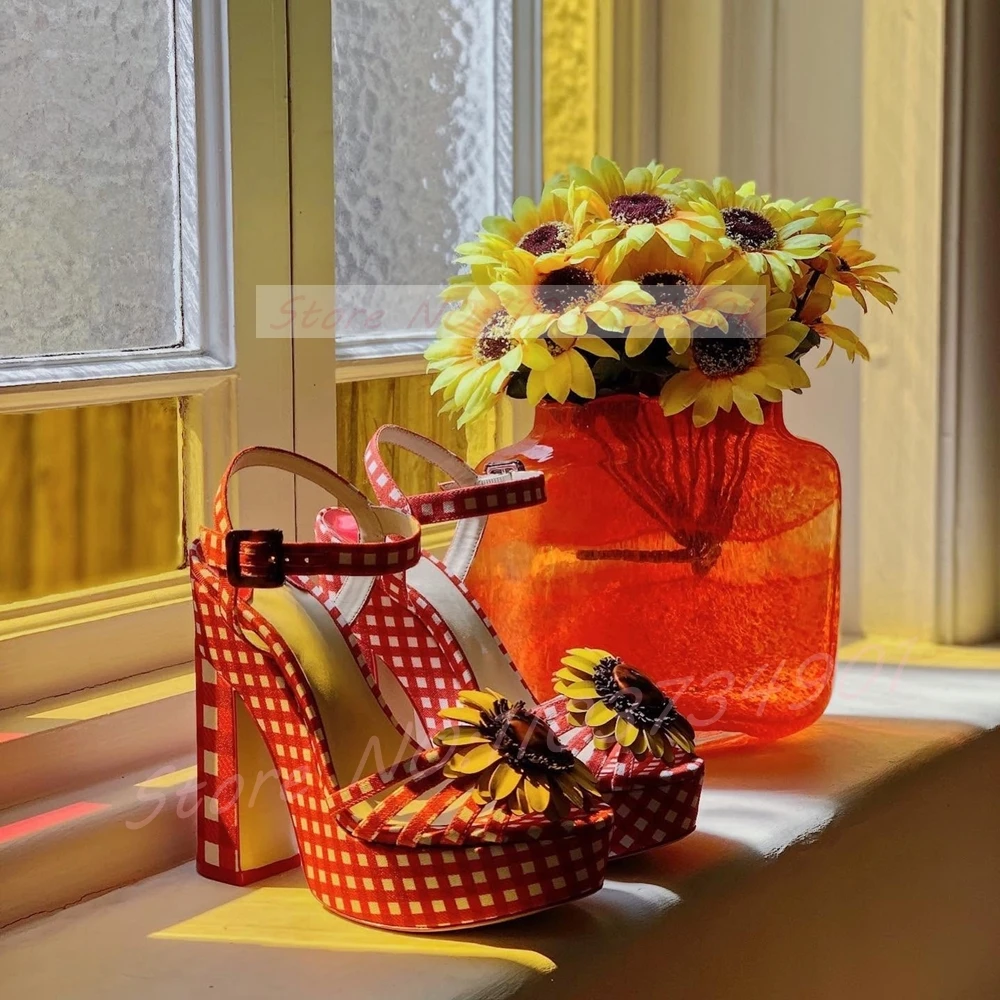 Sunflower Platform Red Checkered Sandals Women Ankle Strap Round Toe Block High Heels Shoes Sweet Girl Y2K Party Gingham Sandals