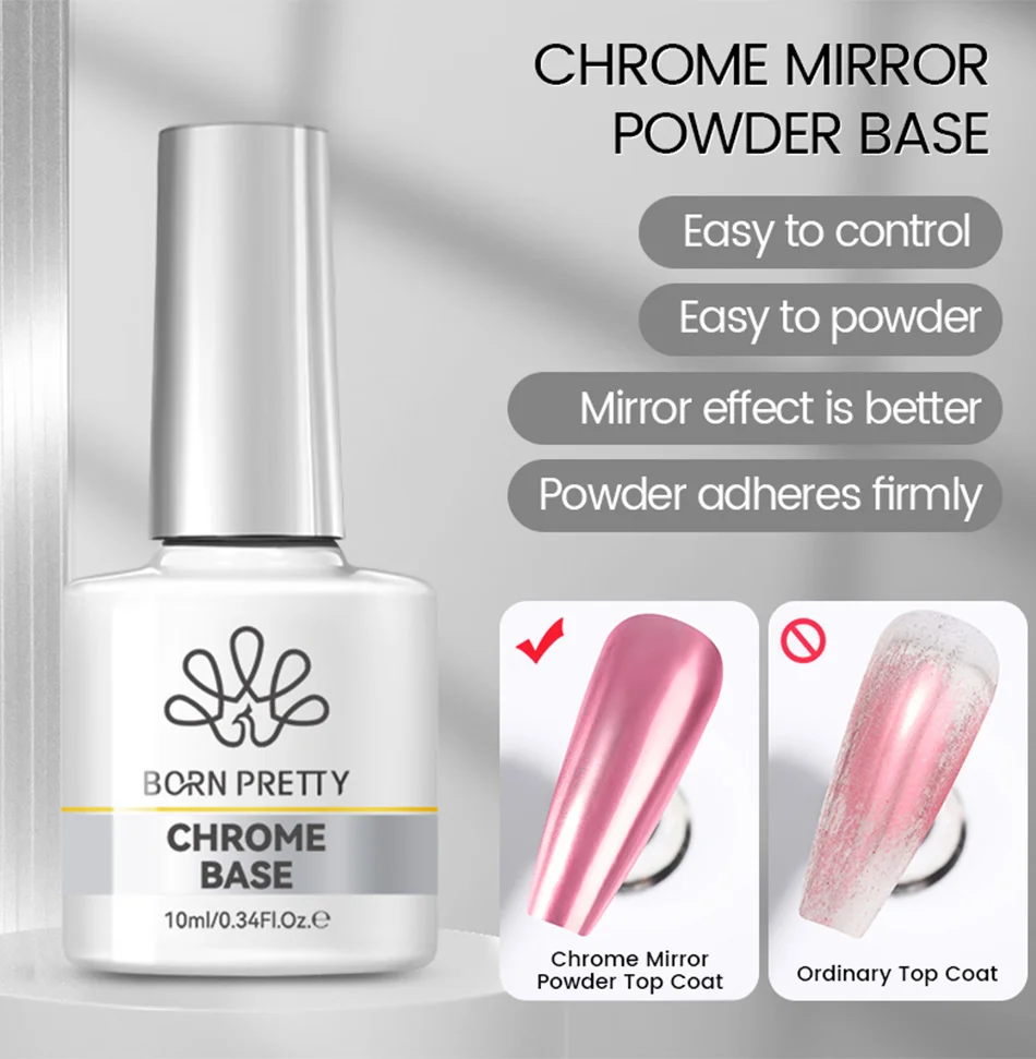 BORN PRETTY 10ml Chrom-Spiegel-Puder Basis-Gel-Lack für Metallische Glitzer-Nägel DIY Französische Nägel Abziehbares Funktionsgel – Detail 1