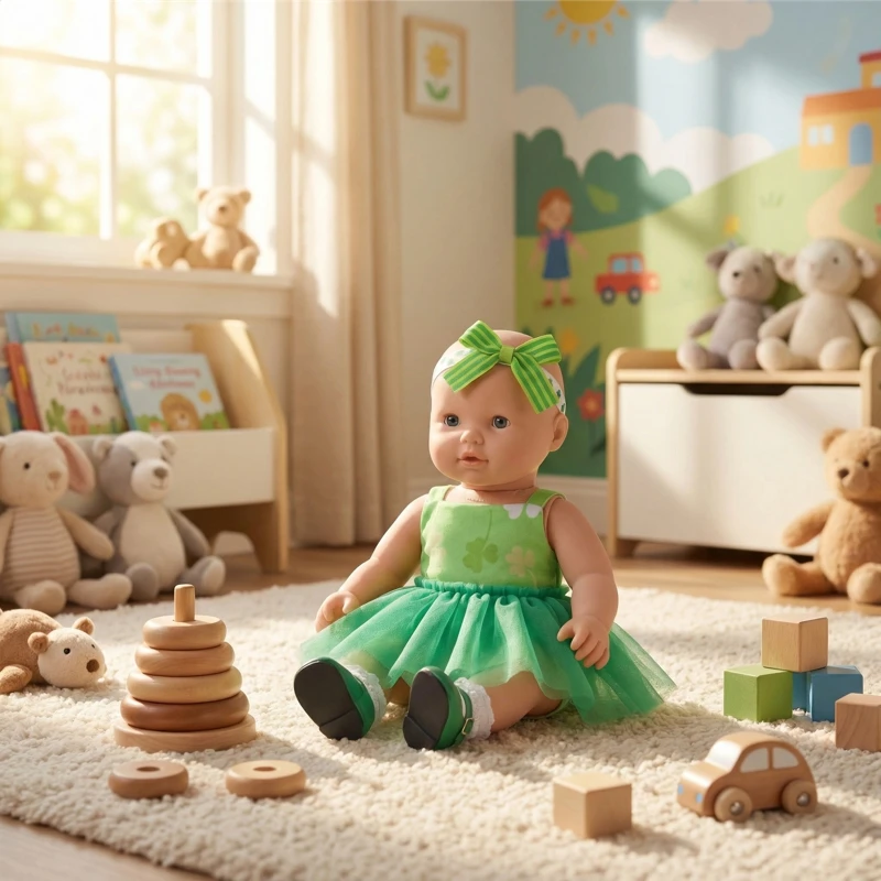Clover Pattern Party Doll Costume Set Fit for 18 Inch & 43cm Doll Green Sleeveless Dress Romper Tutu Skirt Toy Shoes Bag Toy