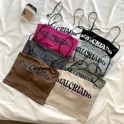 Women Letter Printed Basic Solid Crop Top Casual With Bra Pad Outer Wear Tube Top Cotton Elastic Backless Versatile Camis Summer