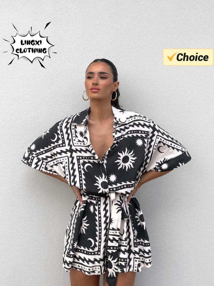 2024 Summer Fashion New Women\'s Printed Short Jumpsuit with Waist Tie Up and Lapel Half Open Holiday Style Women\'s Wear