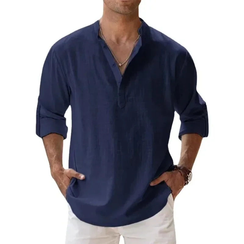 Camisas de lino y algodón para hombre, camisas informales ligeras de manga larga Henley, playeras Hawaianas, 10 colores, novedad de 2024