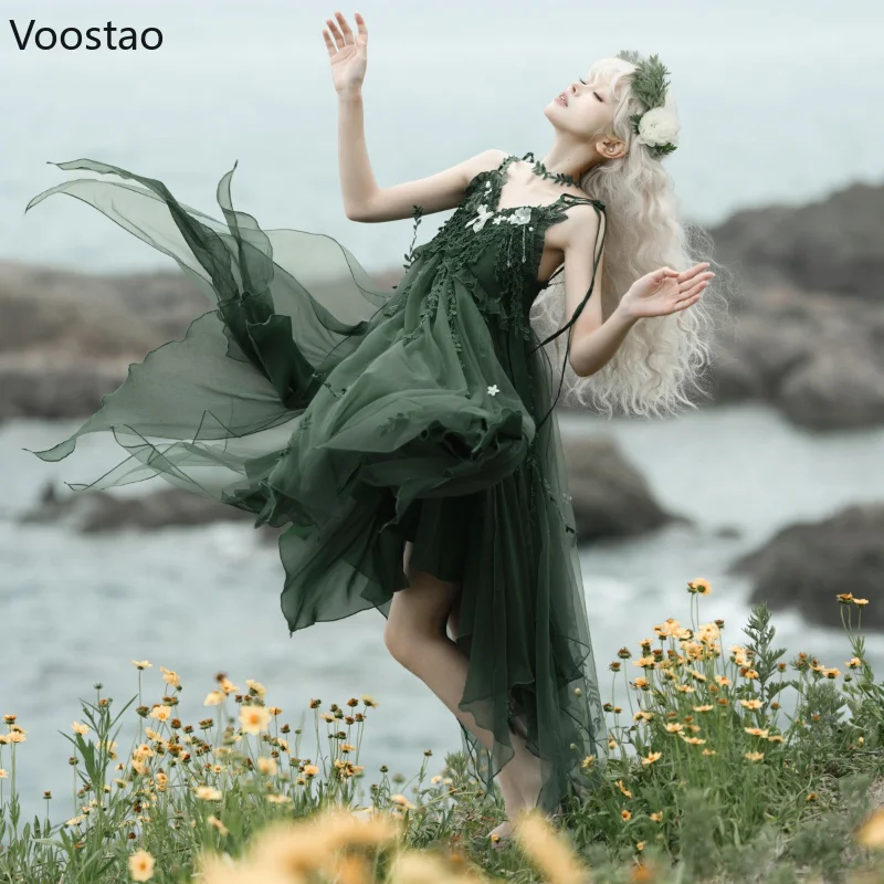 Mori Mädchen süße Lolita Prinzessin Kleid Frauen süße grüne Schmetterling Stickerei Rohr Rebe Design Party Midi Kleider elegante Vestido