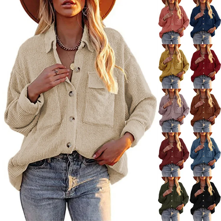 Jackets Women 2021 Fashion 2021 New Winter Women Pure Color Corduroy Double Pocket Long Sleeve Lapels Women Coats OLN3418