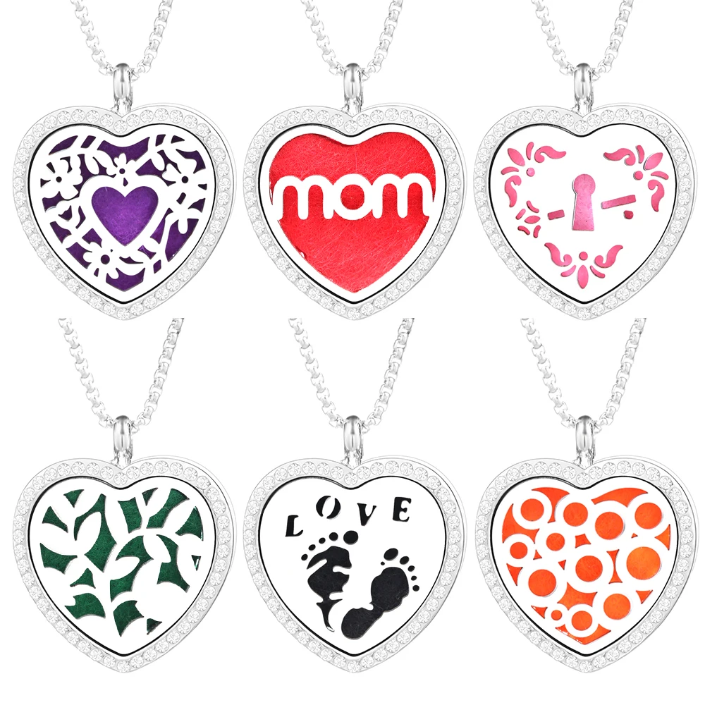 Heart Shape Rhinestones MOM Love Aromatherapy Pendants Women Perfume Lockets Necklace Essential Oil Diffuser Commemorate Jewelry