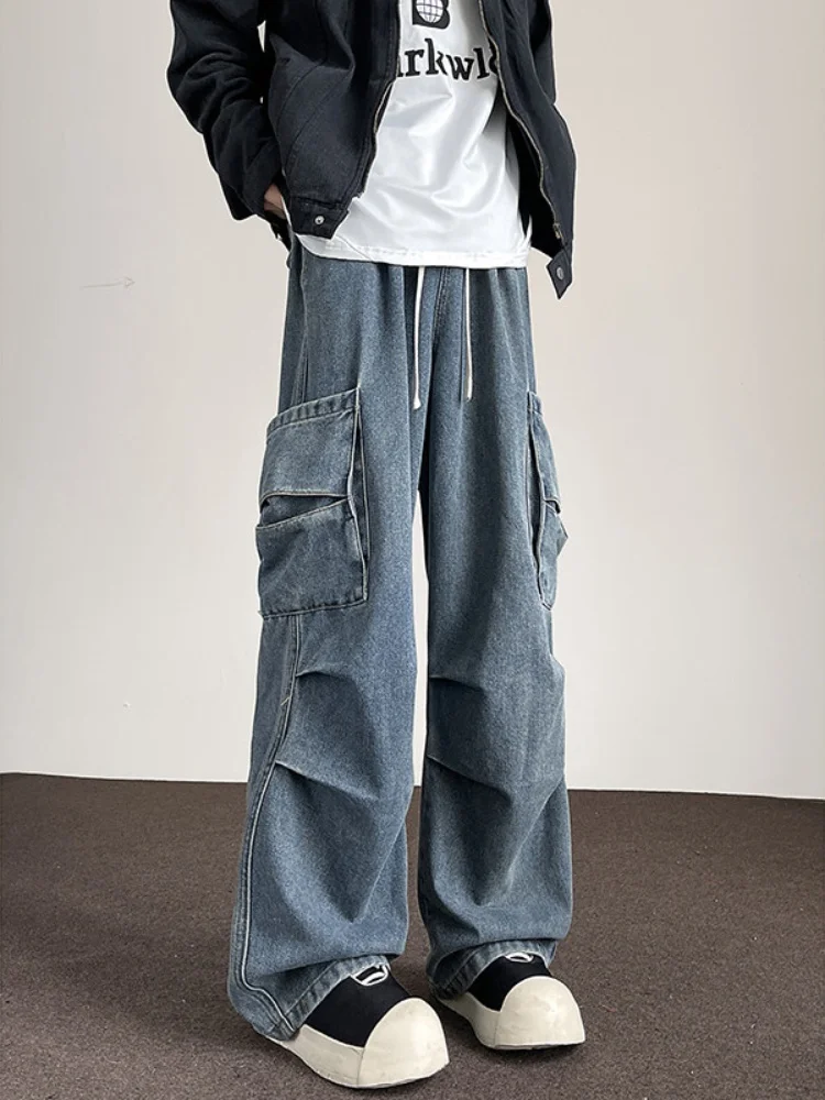 

Мужские рабочие джинсы в стиле ретро, синие, весенне-осенние, в стиле High Street Vibe, с плиссировкой, прямые широкие брюки в американском стиле