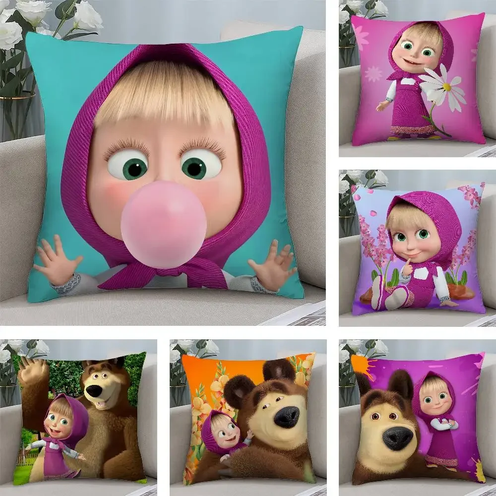 Cartoon Cute M-MashaS And The Bear Pillow Case Square Double‑Sided Print Cushion Case For Sofa Home Bedchamber Decor Gift