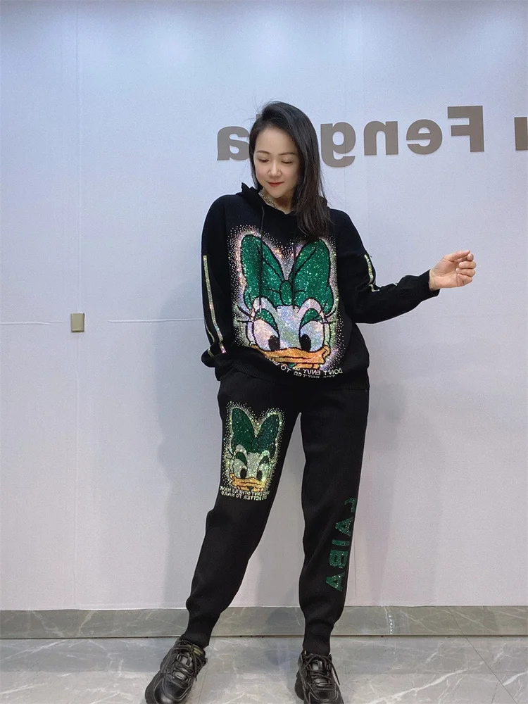 여성 플러스 사이즈 니트 모자 세트, 라인스톤 장식 캐주얼 봄 가을 투피스 세트, 긴 바지 후드 오버헤드 세트