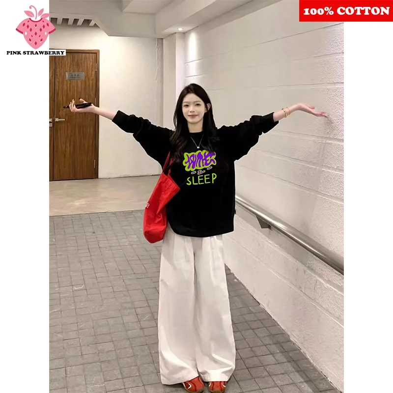 

100% Cotton Long sleeved Black T-shirt Women Autumn 2025 New Korean Letter Print T-shirt Loose Casual Y2k Top Female clothing