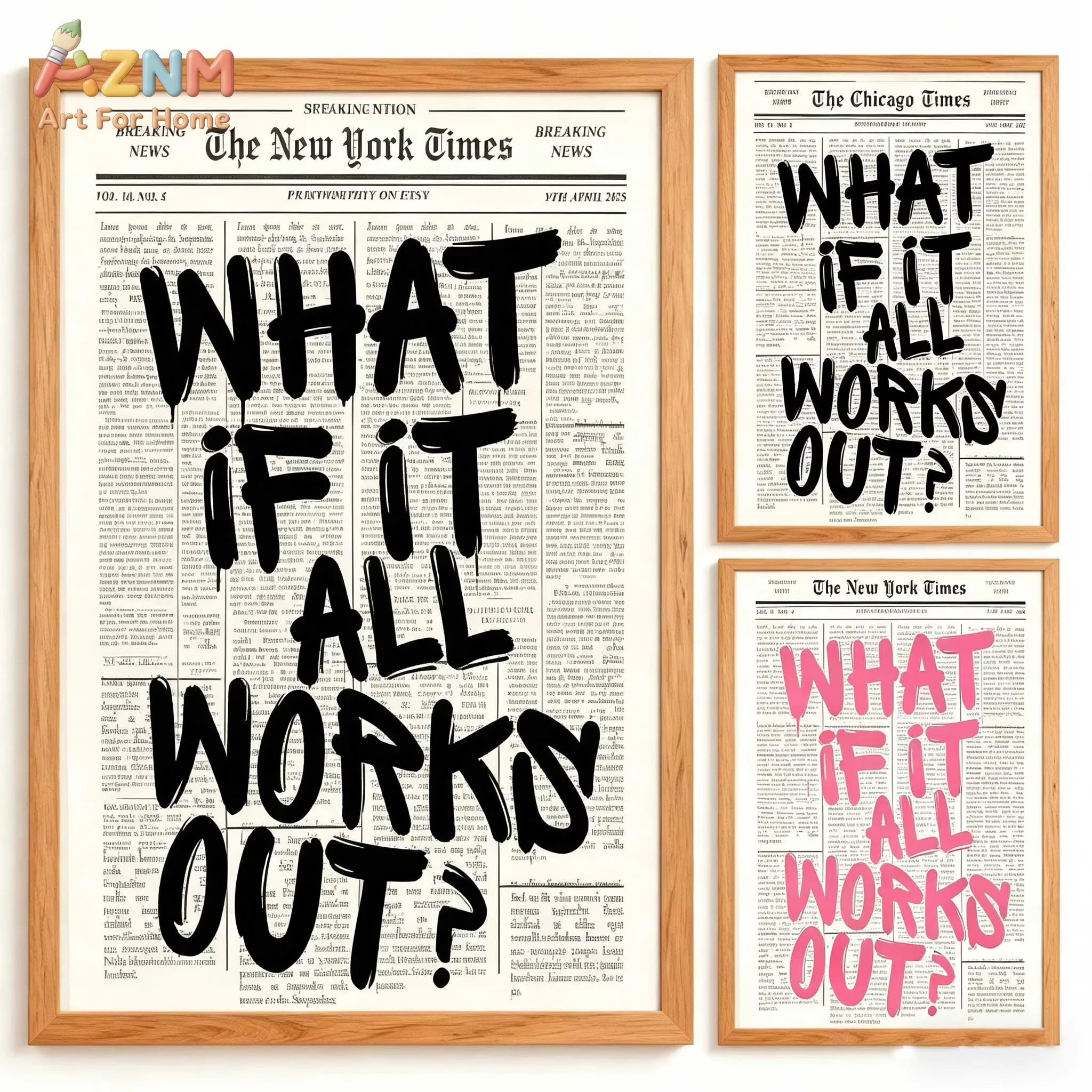 Newspaper Poster - What If It All Works Out - Positive Quote Canvas Wall Art, Affirming Minimalist Prints, Neutral Dorm Room Bed