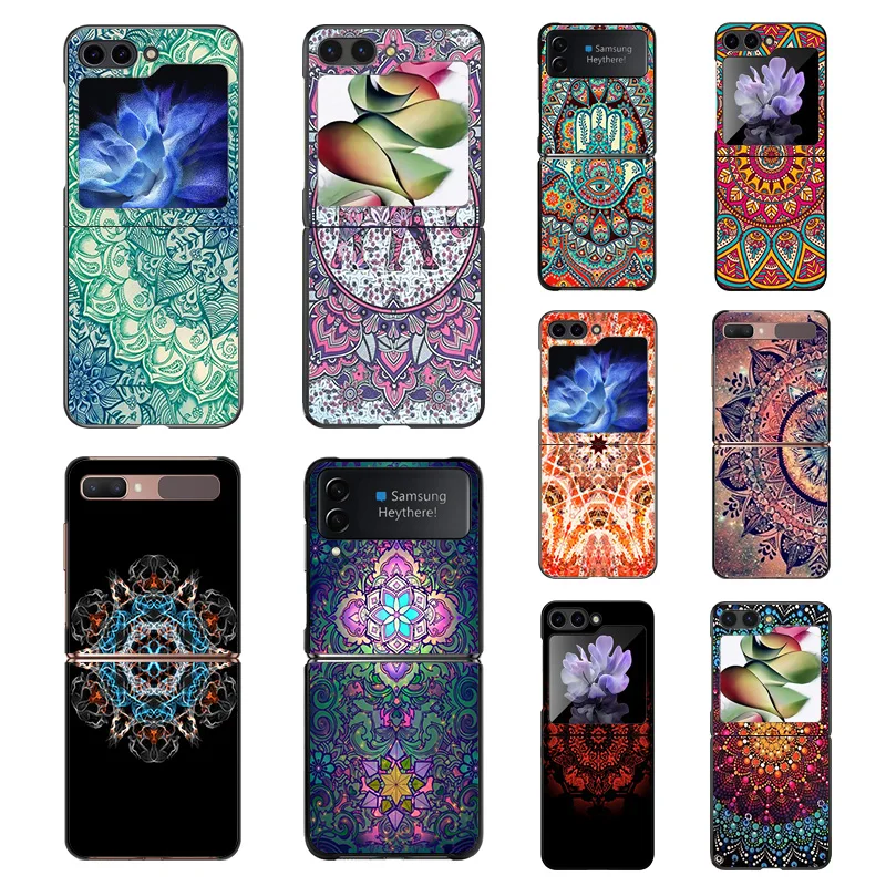 Phone Case For Samsung Z Flip 6 5 4 3 Galaxy ZFlip6 5G Flip5 Flip4 Colorful Mandala Print Black Hard Camera Protective Cove