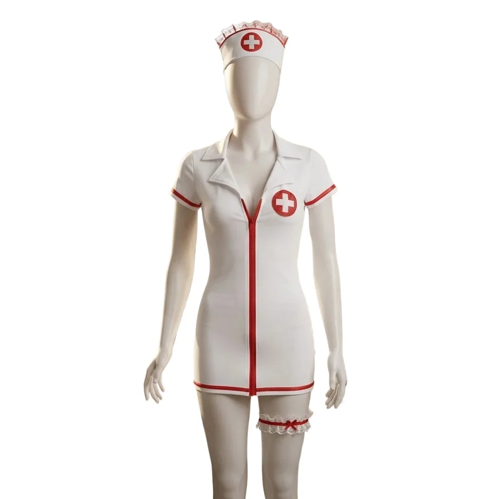 Women Masquerade Theme Party Cosplay Suit Nurse Temptation Uniform Set 2-Piece Christmas Halloween Dress with Headwear
