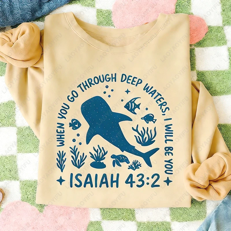 Isaiah 43:2 Whale Shark Ocean Bible Verse Casual Winter Pullover Trendy Whale Dolphin Gift Simple Hoody Women Clothes Ropa Mujer