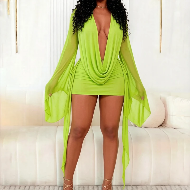 Deep V Hollow Multi Color Beach Dress Fashion Backless Long Sleeve Club Party Dress Spring Summer Slim Fit Irregular Mini Dress
