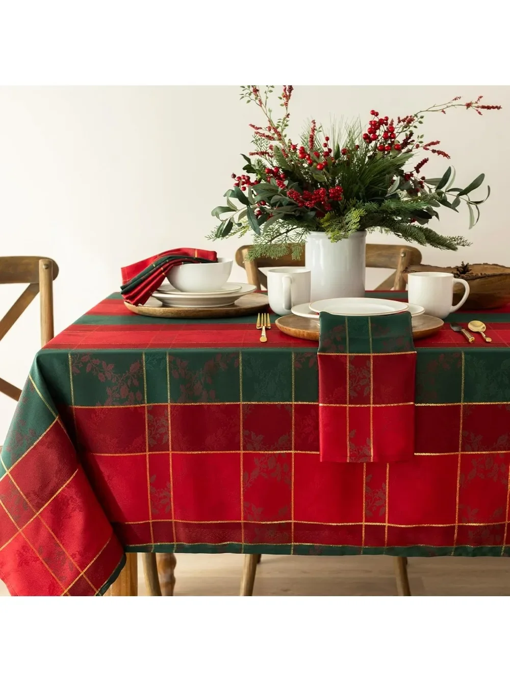 

Benson Mills Holiday Holly Glimmer Jacquard Fabric Tablecloth for Festive Winter and Christmas Celebrations