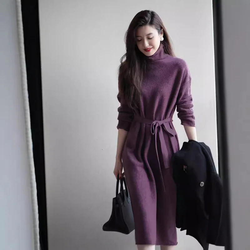 

New High-Grade Purple Cashmere Knitted Dress Long below the Knee Slimming Wool Base Woolen Skirt