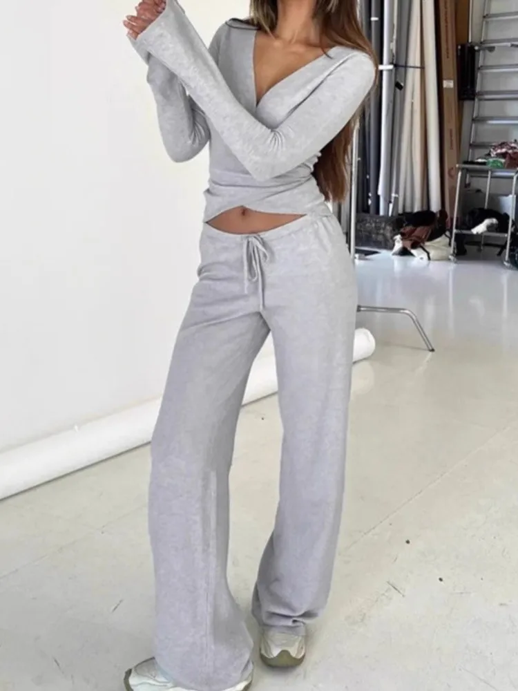 

Woman 2 Piece Set Outfit Solid Color Lace-up Long-sleeved Top High-waisted Drawstring Straight Trousers Casual Comfortable Slim
