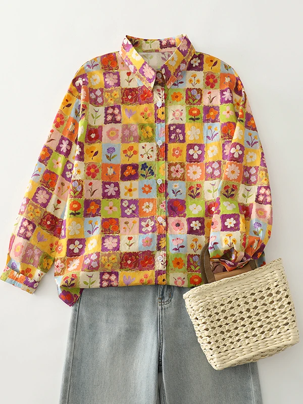 Retro Korean Style Pure Cotton Long Sleeve Printed Shirt Loose Women's Casual Fashion Autumn Collection Breathable Comfortable