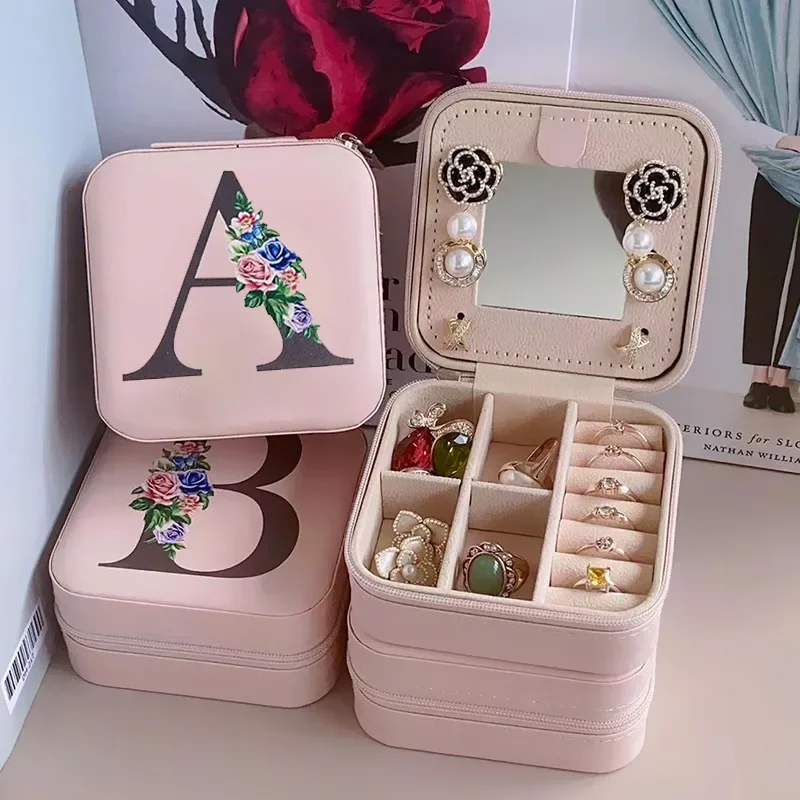 Portable Mirror PU Printing Letter Storage Box Earring Ring Jewelry Box Wholesale Packaging Box Elegant Design For Earrings And 