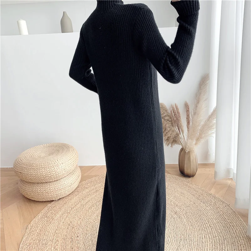 New Women Autumn Winter Long Sweater Dress Fashion Half High Collar Long Sleeve Elastic Slim Knitted Dress Elegant Basic Sweater