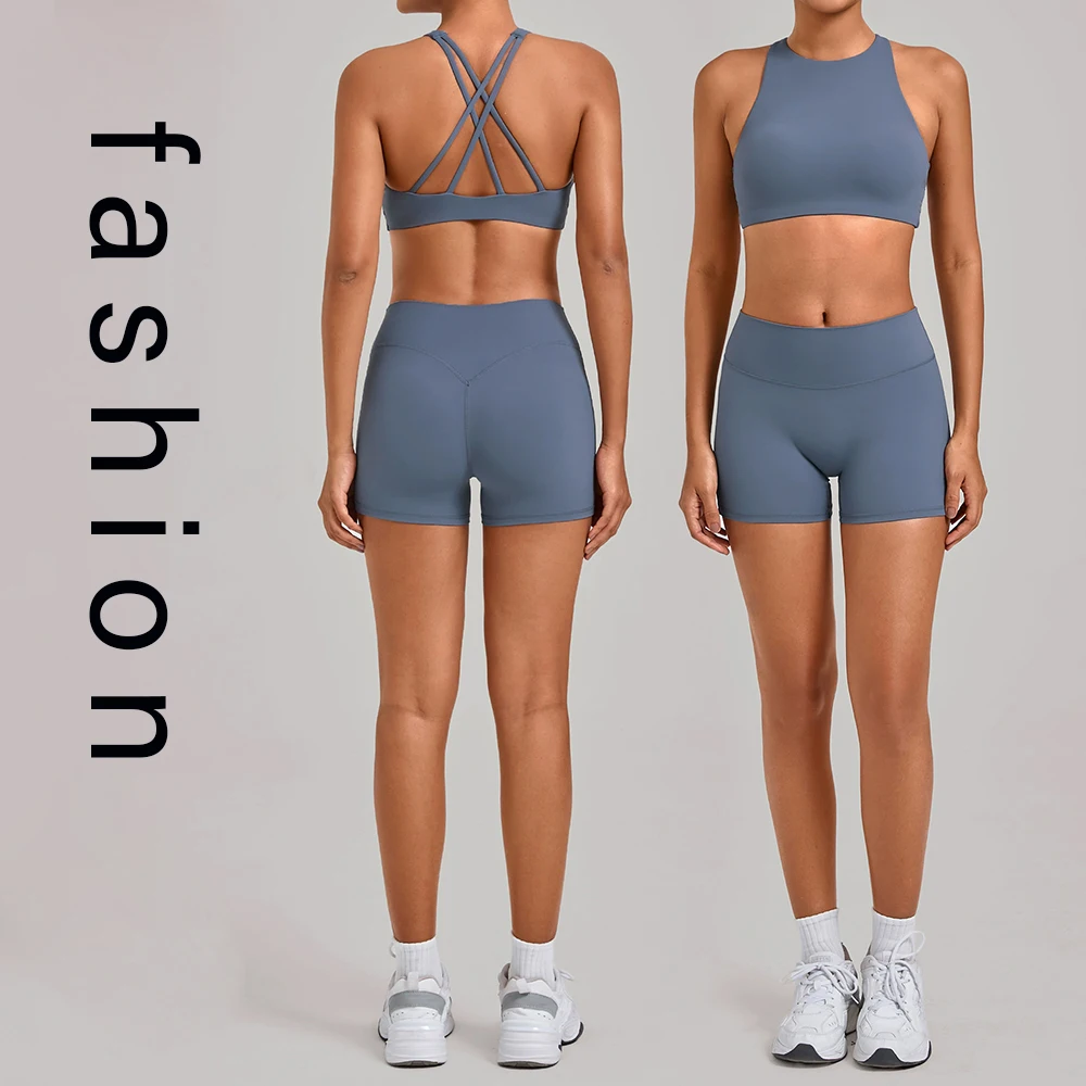 Cross-shaped beauty back yoga set tight quick-drying fitness suit detachable chest pad sports shorts set women fashion casual we
