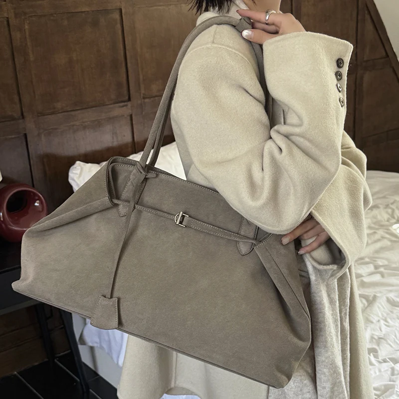 Euro Style Suede Cow Leather Tote Bag Women Chic Huge Long-handle Handbag Female High Quality Travel Armpit Shoulder Bags