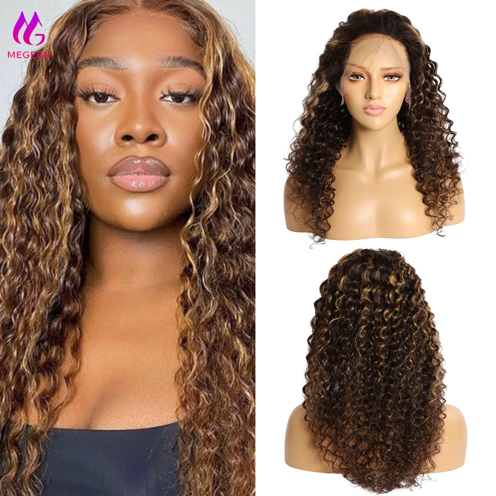 

Megeen натуральные вьющиеся волосы 13x4 HD Прозрачная Кружевная передняя часть парик с глубокой волной передний парик человеческие волосы с детскими волосами хайлайтер P4/27