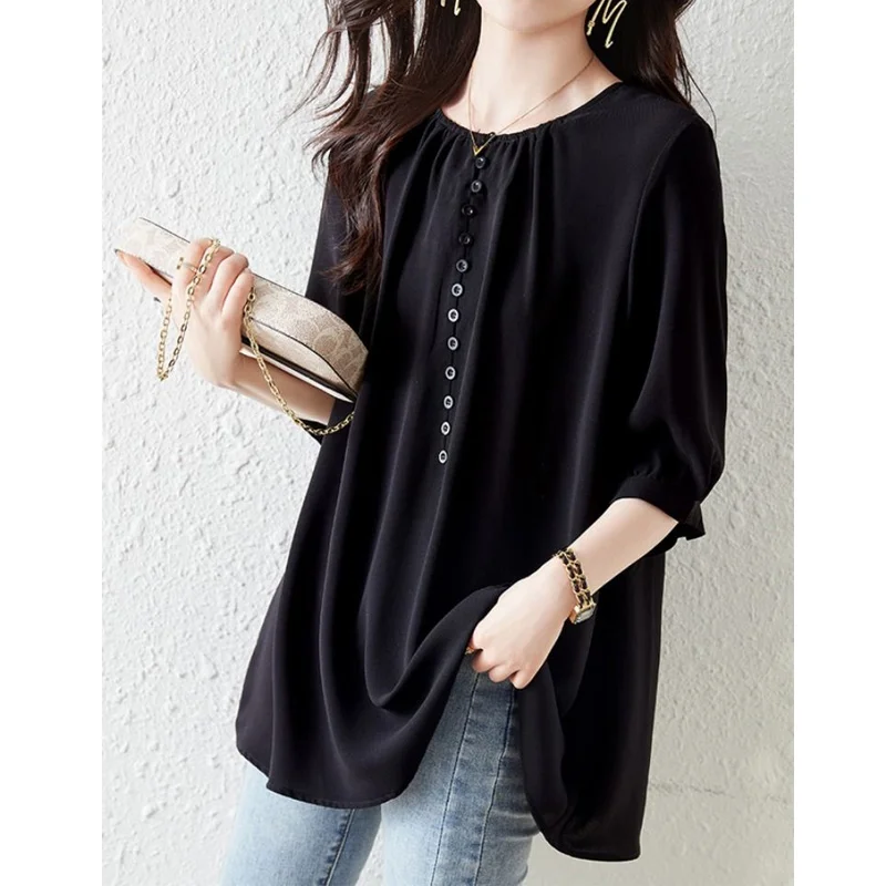 Black Button Patchwork Loose Tops Summer New Short Sleeve O-neck Solid All-match Vintage T Shirts Casual Fashion Women Clothing