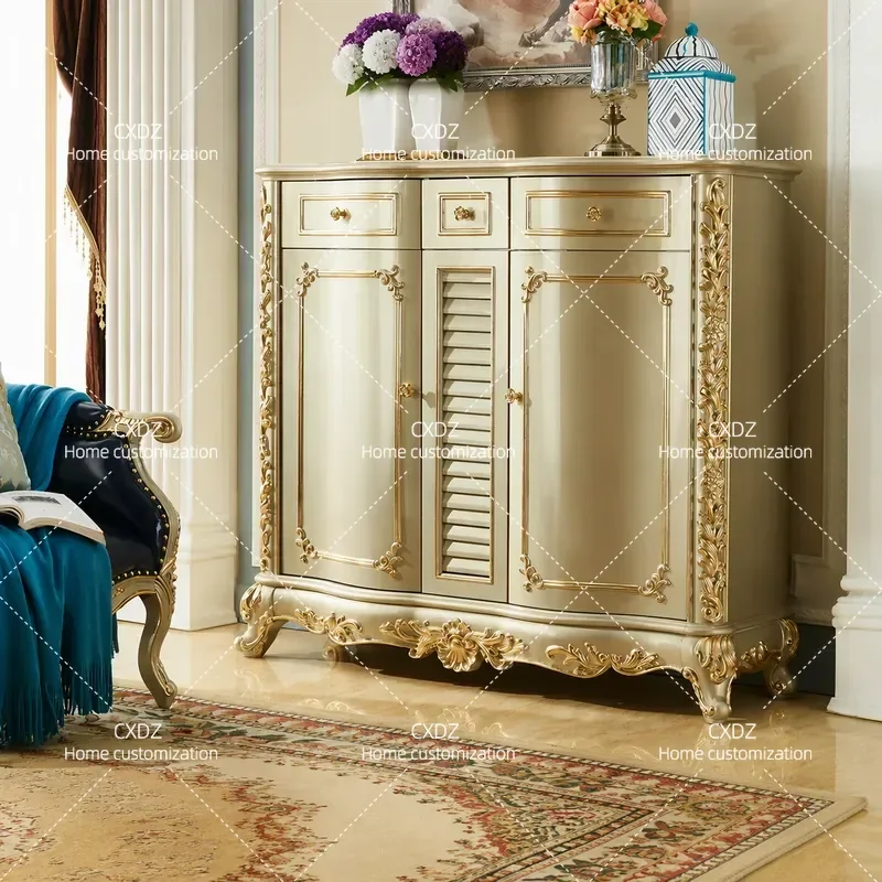 European shoe cabinet high-end champagne solid wood carving flower American living room double door three draw hall cabinet