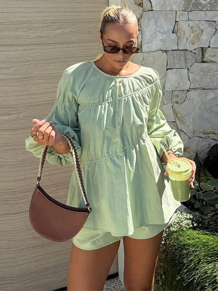 

Casual Women's Shorts Suit O-neck Solid Half Sleeve Loose Shirts High Waist Shorts Loose Summer Ladies Summer 2 Piece Set
