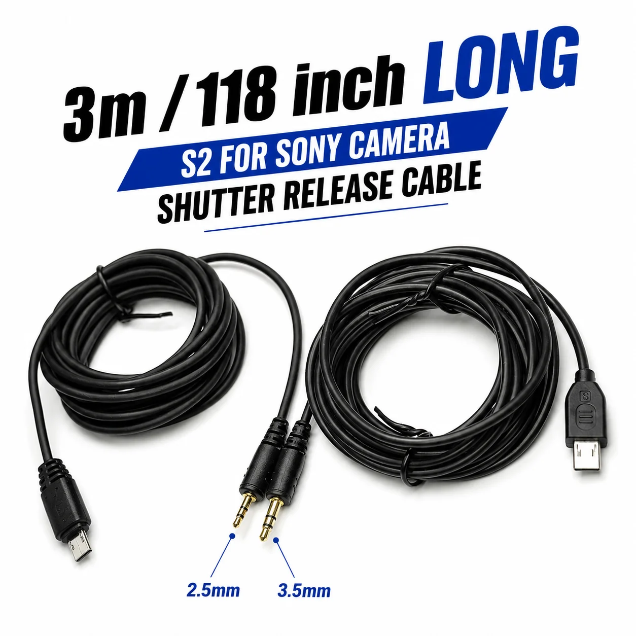 Cabo de extensão de conexão do obturador para Sony, Multi USB para 2,5mm, 3,5mm, S2, 300cm, 118 ", apto para Sony a7, m2, m3, m4, a6500, a6300, a5000