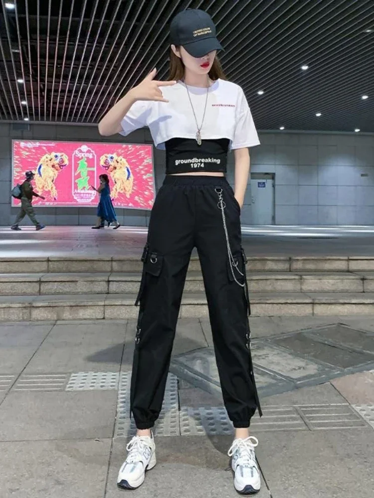 Women's Cargo Pants High Waisted Jogger Set with Chain Accent and Short Sleeve Crop Top Female Hip-hop 3-piece Set White Black