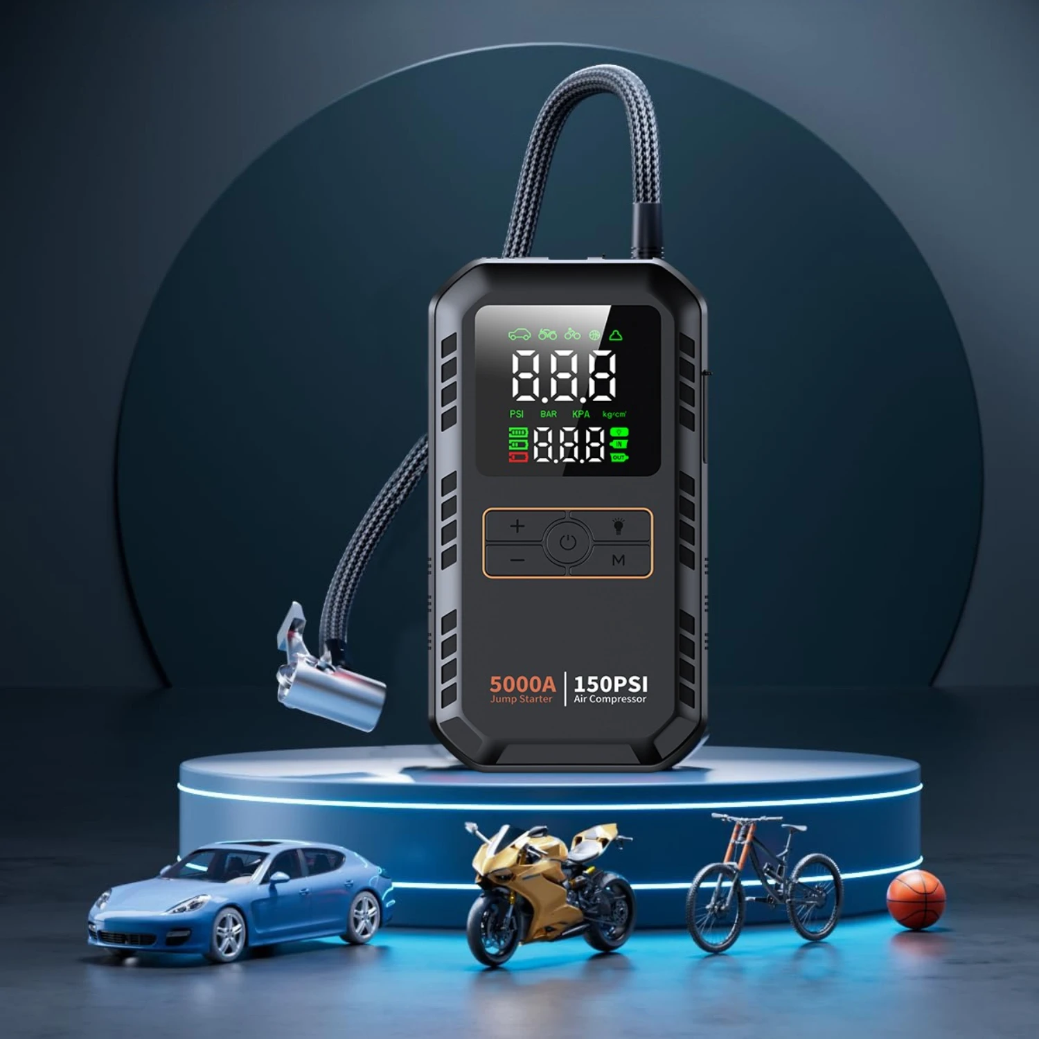 New Car Jump Starter Power Bank with 150PSI Cordless Tire Inflator, 59.2Wh Portable Car Battery Booster for 7.0L Gas/6.5L Diesel