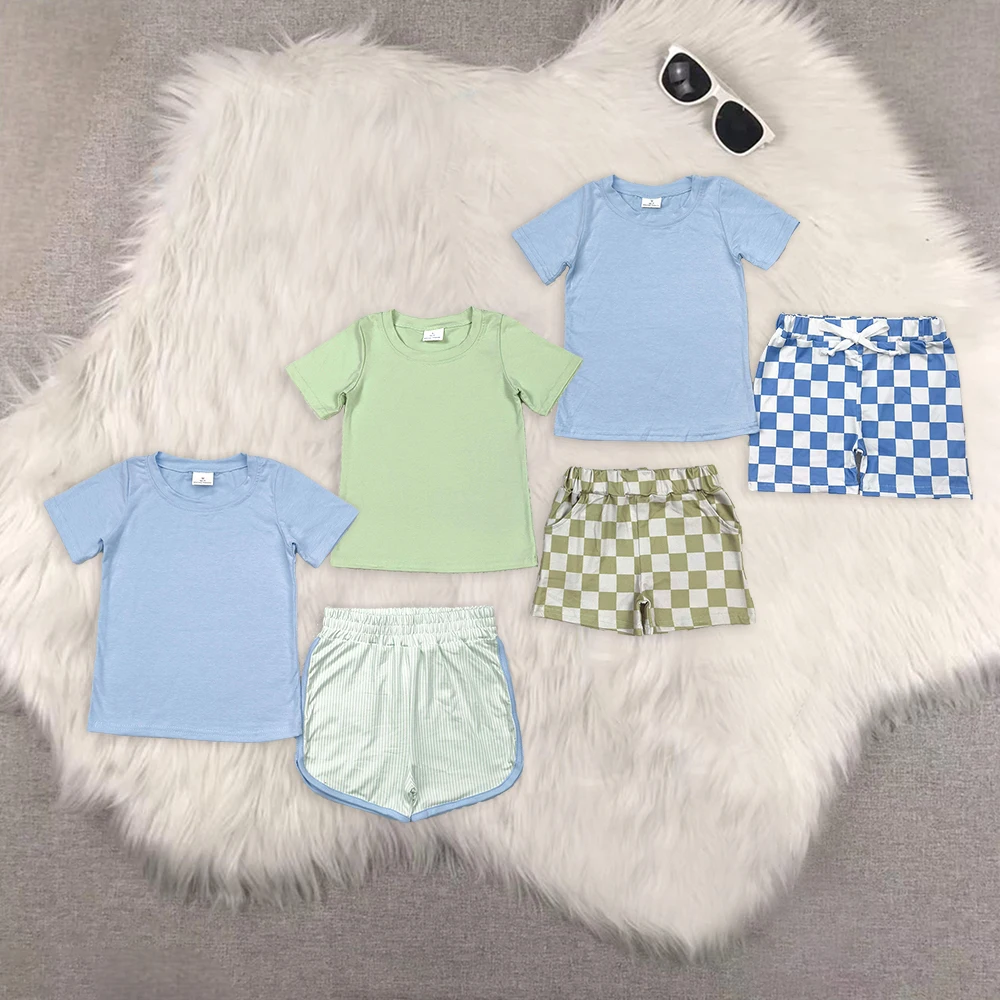 

BSSO1469 Wholesale new arrival kids clothes boys Solid sky blue short-sleeved plaid shorts sets Summer boutique baby boy clothes