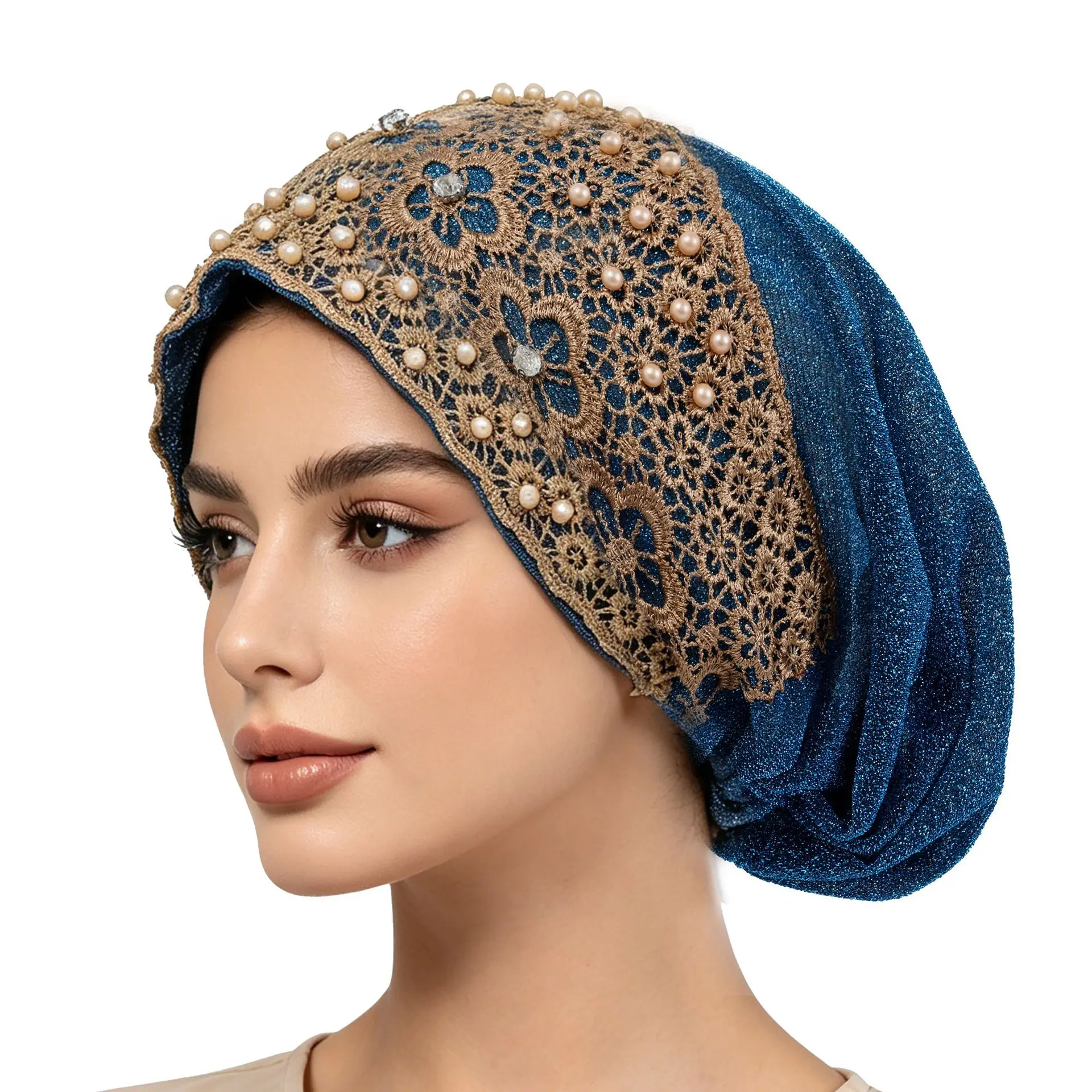 Elegant Embroidery Beading Women's Lace Turban Cap Floral Pattern Muslim Headscarf Bonnet Islamic Headcover Hat Turbante Mejur
