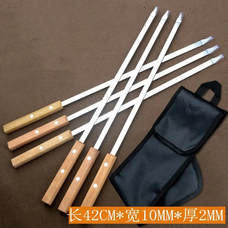 

6Pcs/Set Stainless Steel Barbecue Meat String Skewer Chunks Of Meat Natural Beech Handle Roast Stick For BBQ Outdoor Picnic 42cm