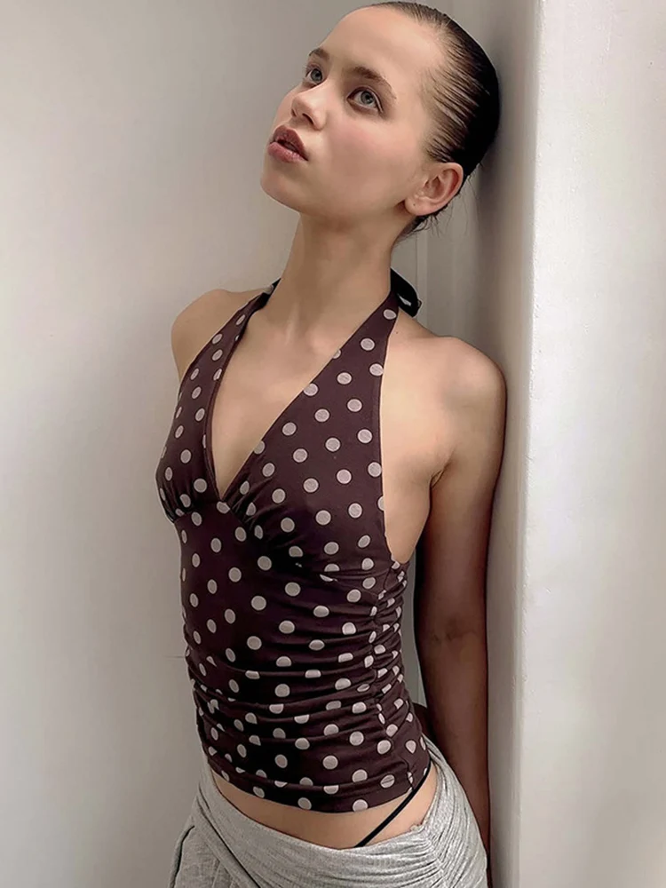 Women's Halter V-Neck Backless Lace-Up Polka Dot Print Skinny Tank Top Y2K Summer Fashion Daily Streetwear Basic Vest